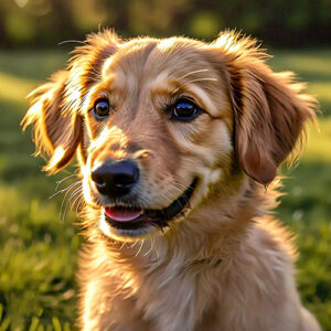 A dog sits peacefully in a lush green field, surrounded by vibrant grass under a clear blue sky.