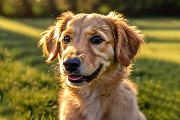 A dog sits peacefully in a lush green field, surrounded by vibrant grass under a clear blue sky.