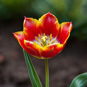 A striking red and yellow flower, featuring bold colors and delicate petals, set against a soft, blurred background.