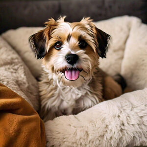 A content dog sitting peacefully in its soft dog bed, embodying comfort and relaxation.