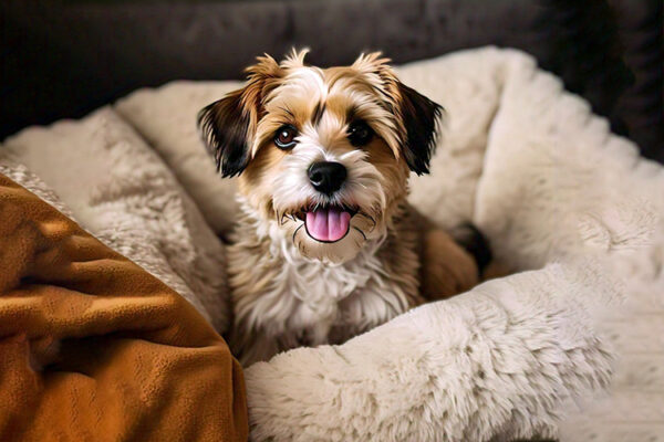 A content dog sitting peacefully in its soft dog bed, embodying comfort and relaxation.