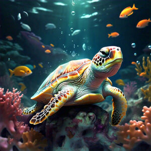 A turtle gracefully swims through the ocean, surrounded by vibrant coral formations, showcasing marine life beauty.