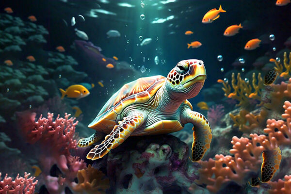 A turtle gracefully swims through the ocean, surrounded by vibrant coral formations, showcasing marine life beauty.