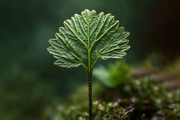 A single green leaf is positioned on a verdant mossy backdrop, illustrating the harmony found in natural landscapes.