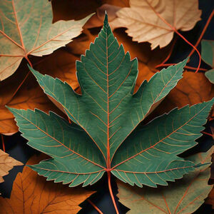 Close-up of a vibrant leaf surrounded by a scattering of other leaves, emphasizing the beauty of nature's details.