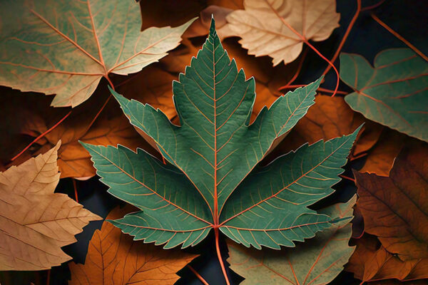 Close-up of a vibrant leaf surrounded by a scattering of other leaves, emphasizing the beauty of nature's details.