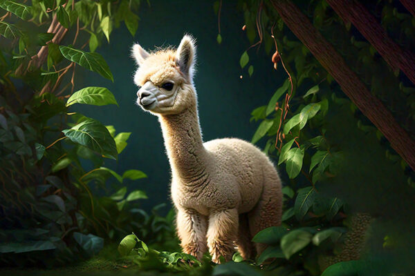 A baby alpaca is seen in a tranquil forest