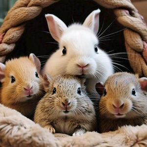 a rabbit is in a basket with a rabbit and the other rabbit are looking at the camera.