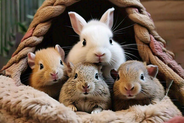 a rabbit is in a basket with a rabbit and the other rabbit are looking at the camera.