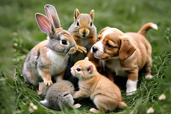 a group of puppies and a puppy are in the grass.