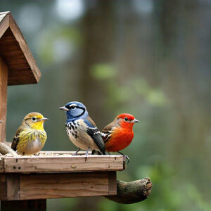 three birds are on a birdhouse and one is blue and yellow.