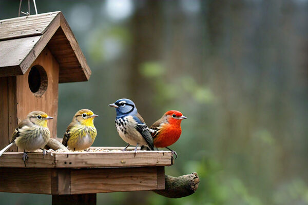 three birds are on a birdhouse and one is blue and yellow.