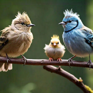 three birds on a branch with one of them has a blue bird on its head.