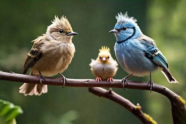 three birds on a branch with one of them has a blue bird on its head.