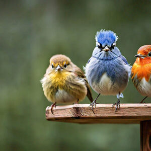 three birds are sitting on a wooden post, one has a blue and yellow one.