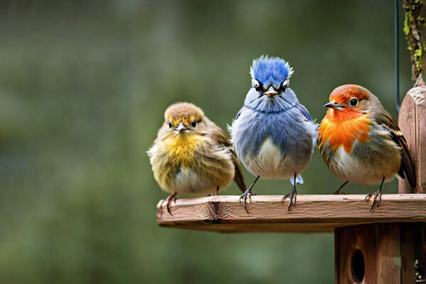 three birds are sitting on a wooden post, one has a blue and yellow one.