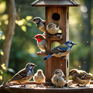 a bird feeder with birds on it and a bird feeder with a bird feeder in the background.