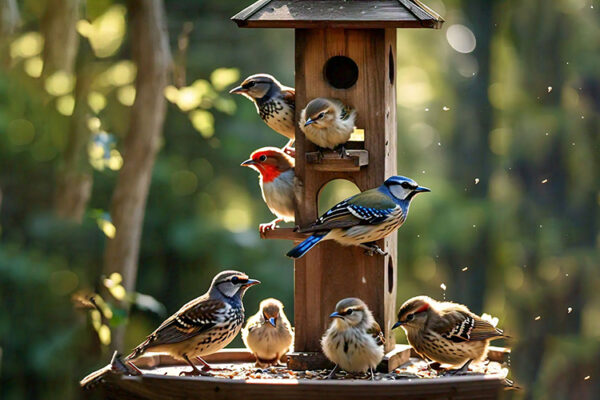 a bird feeder with birds on it and a bird feeder with a bird feeder in the background.