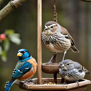 three birds are on a bird feeder and one has a blue and orange on it.