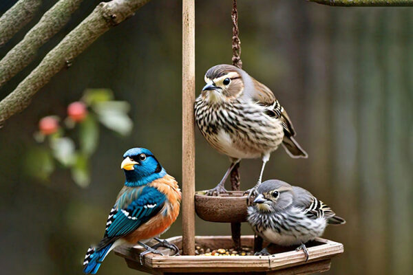 three birds are on a bird feeder and one has a blue and orange on it.