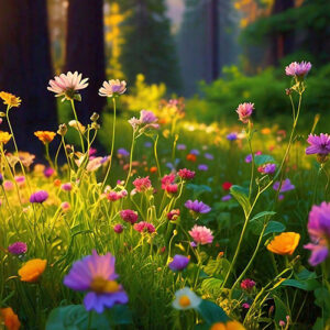 a field of flowers with the sun shining through the trees.