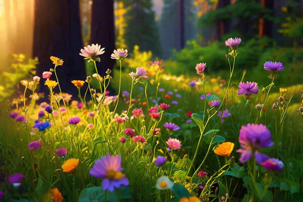 a field of flowers with the sun shining through the trees.