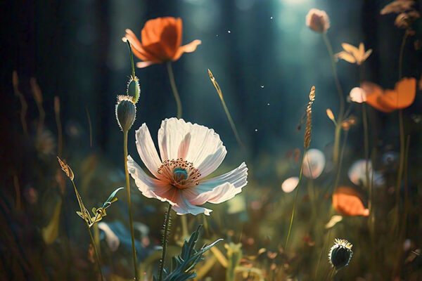 a flower in the grass with the sun behind it.