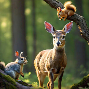 A deer and a squirrel are seen in the woods, showcasing a peaceful moment in their natural habitat among the trees.