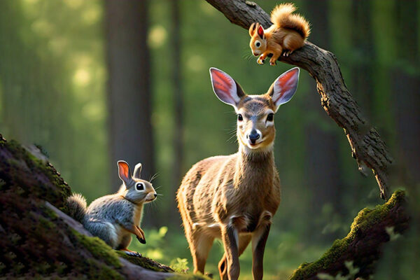 A deer and a squirrel are seen in the woods, showcasing a peaceful moment in their natural habitat among the trees.