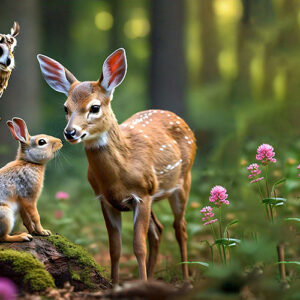 A deer and a rabbit are seen together in a forest setting, surrounded by lush greenery and natural beauty.