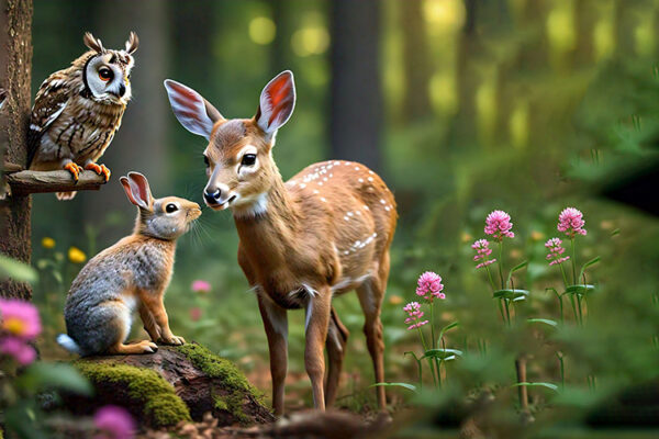 A deer and a rabbit are seen together in a forest setting, surrounded by lush greenery and natural beauty.