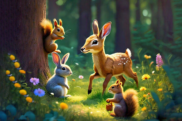 A wallpaper showcasing diverse animals in a vibrant forest, highlighting the beauty of wildlife in nature.