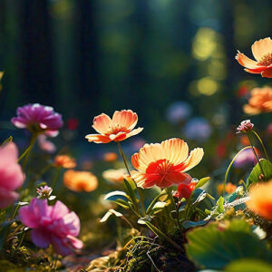 A serene forest scene featuring vibrant flowers, capturing the beauty of nature