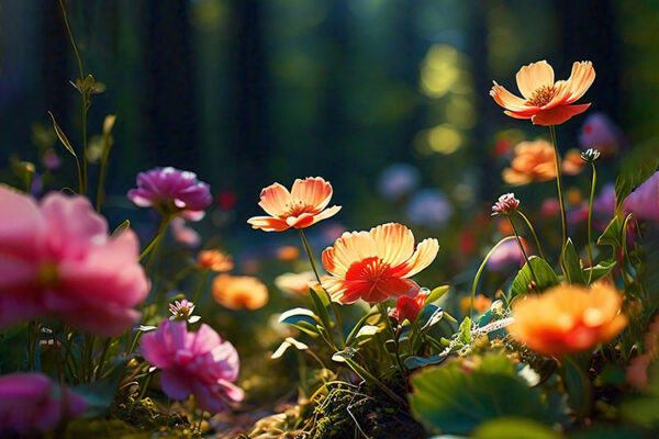 A serene forest scene featuring vibrant flowers, capturing the beauty of nature