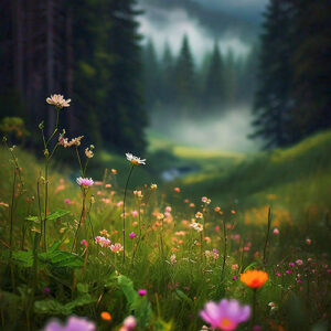 a field of wild flowers with a forest in the background