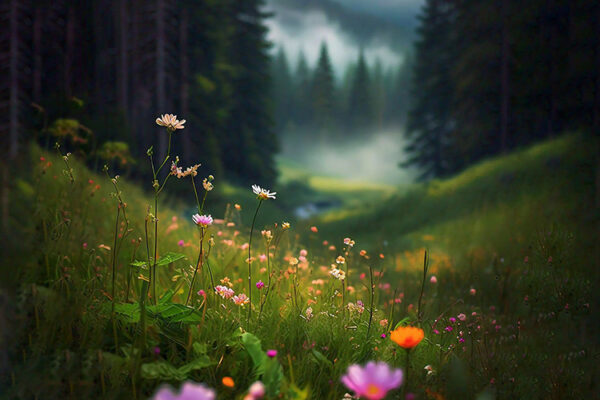 a field of wild flowers with a forest in the background