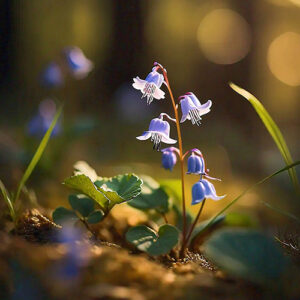 a small purple flower with the forest scene featuring vibrant bluebells blooming under the dappled sunlight