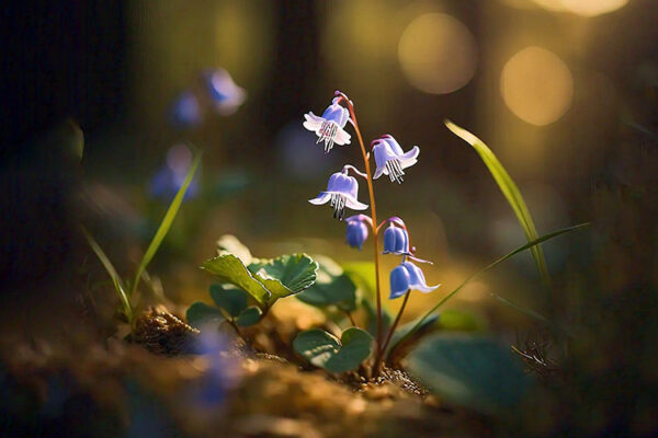 a small purple flower with the forest scene featuring vibrant bluebells blooming under the dappled sunlight