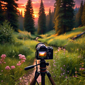 A camera mounted on a tripod positioned in front of a lush green forest, capturing the beauty of nature.