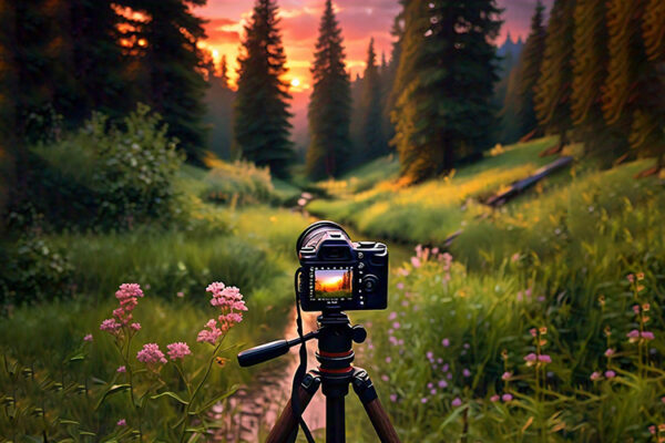 A camera mounted on a tripod positioned in front of a lush green forest, capturing the beauty of nature.