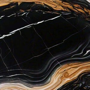 An abstract image showcasing a swirling pattern of black, gold, and white hues. The surface appears glossy and smooth, with dramatic striations of brown and cream, creating a rich, marbled effect. The intertwining colors evoke a sense of depth and movement, reminiscent of natural stone textures.