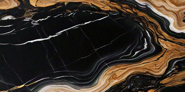 An abstract image showcasing a swirling pattern of black, gold, and white hues. The surface appears glossy and smooth, with dramatic striations of brown and cream, creating a rich, marbled effect. The intertwining colors evoke a sense of depth and movement, reminiscent of natural stone textures.