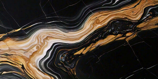 An abstract image showcasing a swirling pattern of black, gold, and white hues. The surface appears glossy and smooth, with dramatic striations of brown and cream, creating a rich, marbled effect. The intertwining colors evoke a sense of depth and movement, reminiscent of natural stone textures.