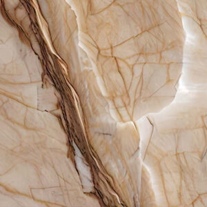 Close-up view of polished beige onyx stone marble with intricate veining patterns in shades of cream and light brown, featuring natural fissures and glossy sections that enhance its elegance.