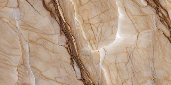 Close-up view of polished beige onyx stone marble with intricate veining patterns in shades of cream and light brown, featuring natural fissures and glossy sections that enhance its elegance.