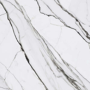 White marble surface featuring elegant gray veins and intricate patterns, showcasing a polished finish and a luxurious appearance.