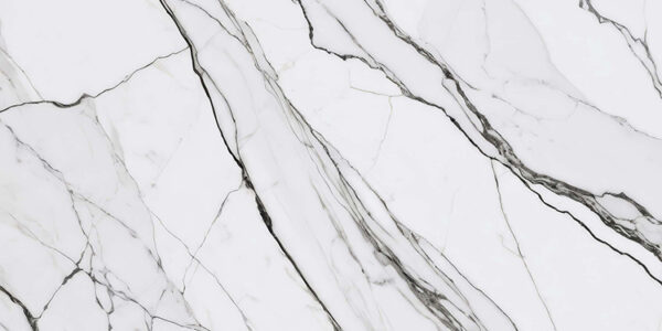 White marble surface featuring elegant gray veins and intricate patterns, showcasing a polished finish and a luxurious appearance.