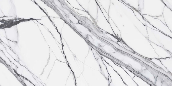 White marble surface featuring elegant gray veins and intricate patterns, showcasing a polished finish and a luxurious appearance.