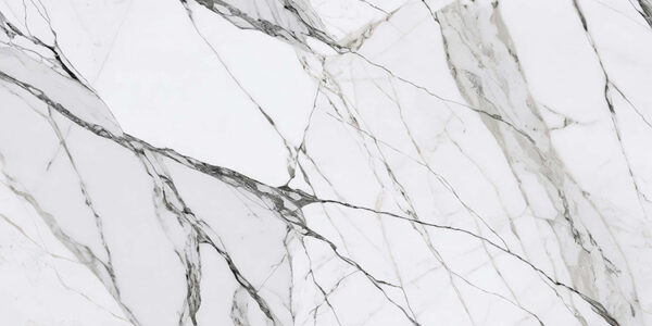 White marble surface featuring elegant gray veins and intricate patterns, showcasing a polished finish and a luxurious appearance.