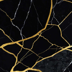 A high-resolution image of a black marble surface featuring intricate golden veining. The predominant dark background is interspersed with striking golden veins running in various directions, creating a bold and elegant pattern. Subtle white veins add contrast, enhancing the overall luxurious feel of the design.